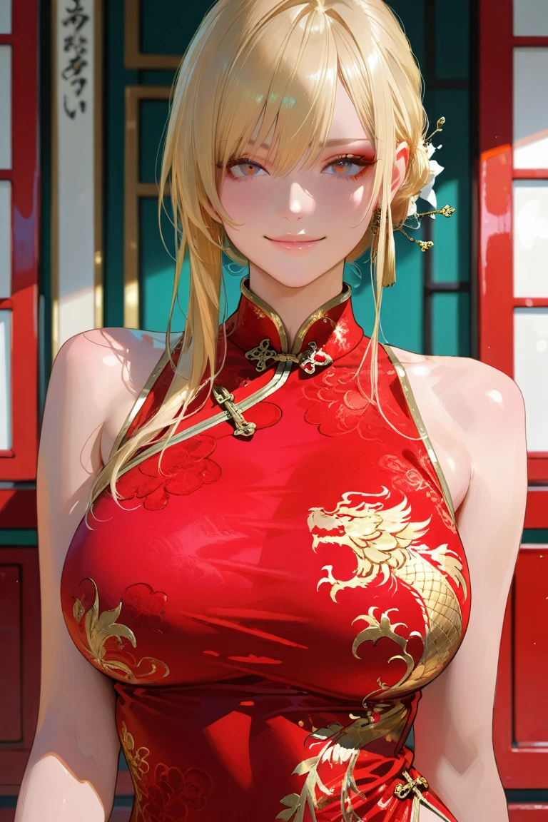 1 girl,Beautiful Korean fashion model bokeh train,(masterpiece, detailed background, highest quality),long and shiny hair,blonde hair,grin,juicy lips,red lips,