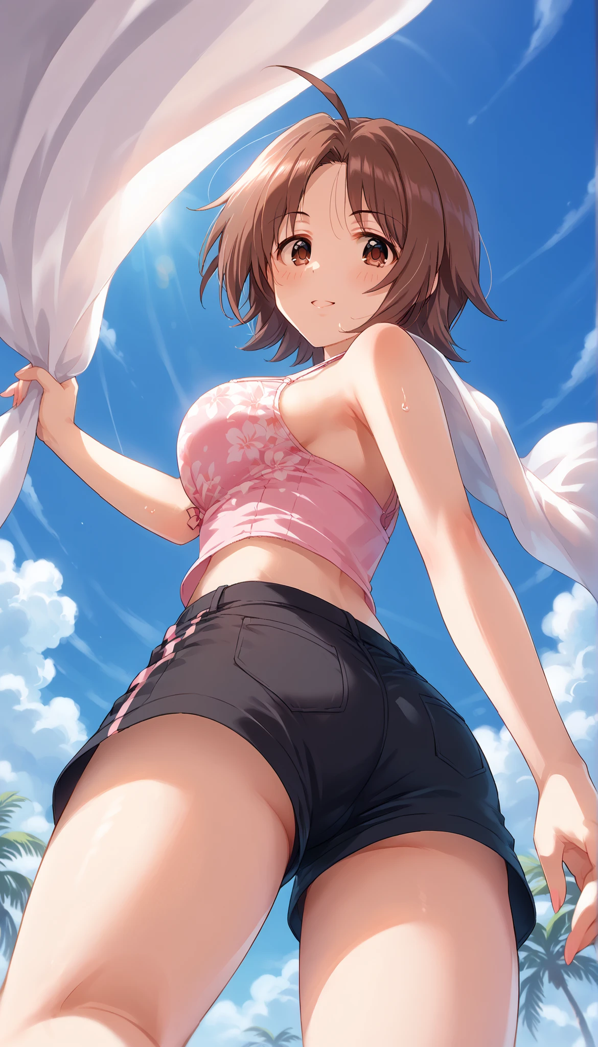 masterpiece, best quality, highres, hmochako, blush stickers, short hair, extra small breasts, pink lingerie croptop, open-toe platform high heels, tight booty shorts, smile, open mouth, sunny sky, posing, legs spread apart
