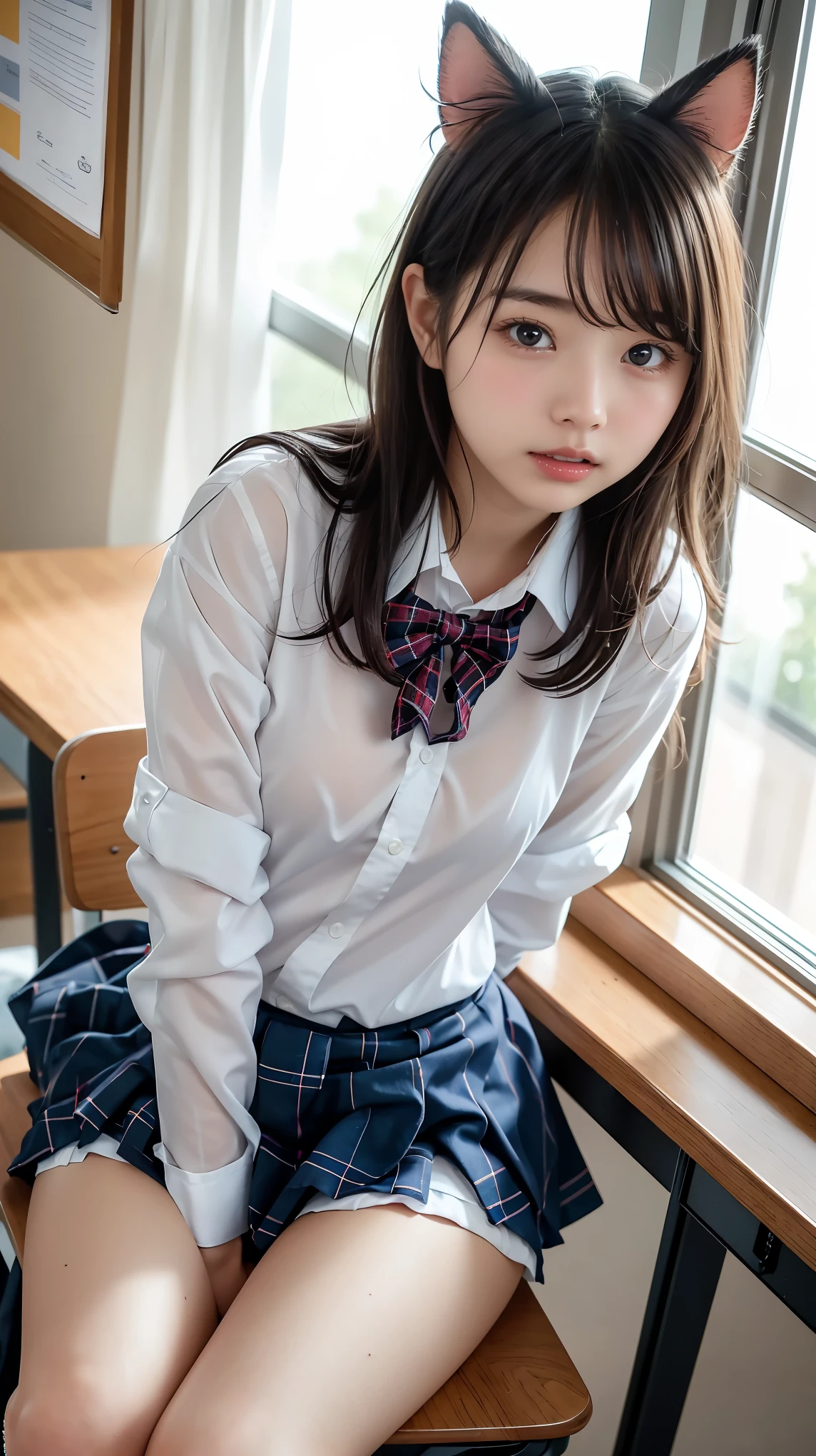 (nsfw),facing backwards, Look return, return, Butt, school uniform,(Sit at the desk), without makeup,high resolution,PROFESSIONAL PICTURES,high resolution,small breasts, slim, Sit at the desk, Open your legs and show me your panties ,school classroom, wearing white panties, a girl in a high school uniform, a little panties can be seen from the skirt for ears, one girl, alone, teeth, socks, skirt for ears, lie, company, loose socks, plaid, tables,Realistic,,Pretty Girl,((Buttの主観)),JK Gal