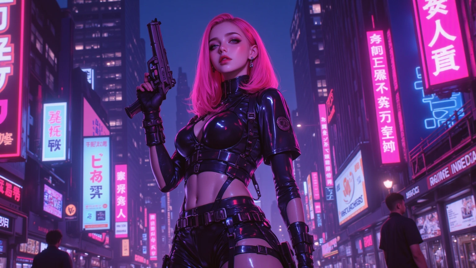 1girl, 3d,cyberpunk , blue eyes, posing model, hands up white background, breasts, chromatic aberration, (tattoo on the body), (llittle lighting), pink and green highlights on the sides, cleavage, depth of field, large breasts, lips, looking at viewer, makeup, photo (medium), photorealistic, solo, cyberpunk, neon, cyberpunk costume, wide smile, teeth, open mouth, tight clothing, full body, city background, (darkness)