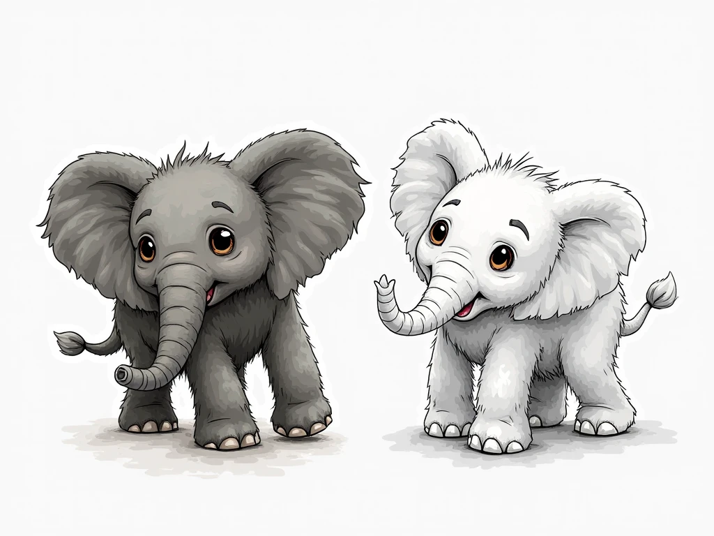[Full body front view and side view] Cute cartoon elephant, sitting on the ground, cocked trunk, smiling character in three views, including illustration style IP image, three views, front view, side view, rear view attempt. Characters are sitting and facing the camera. 