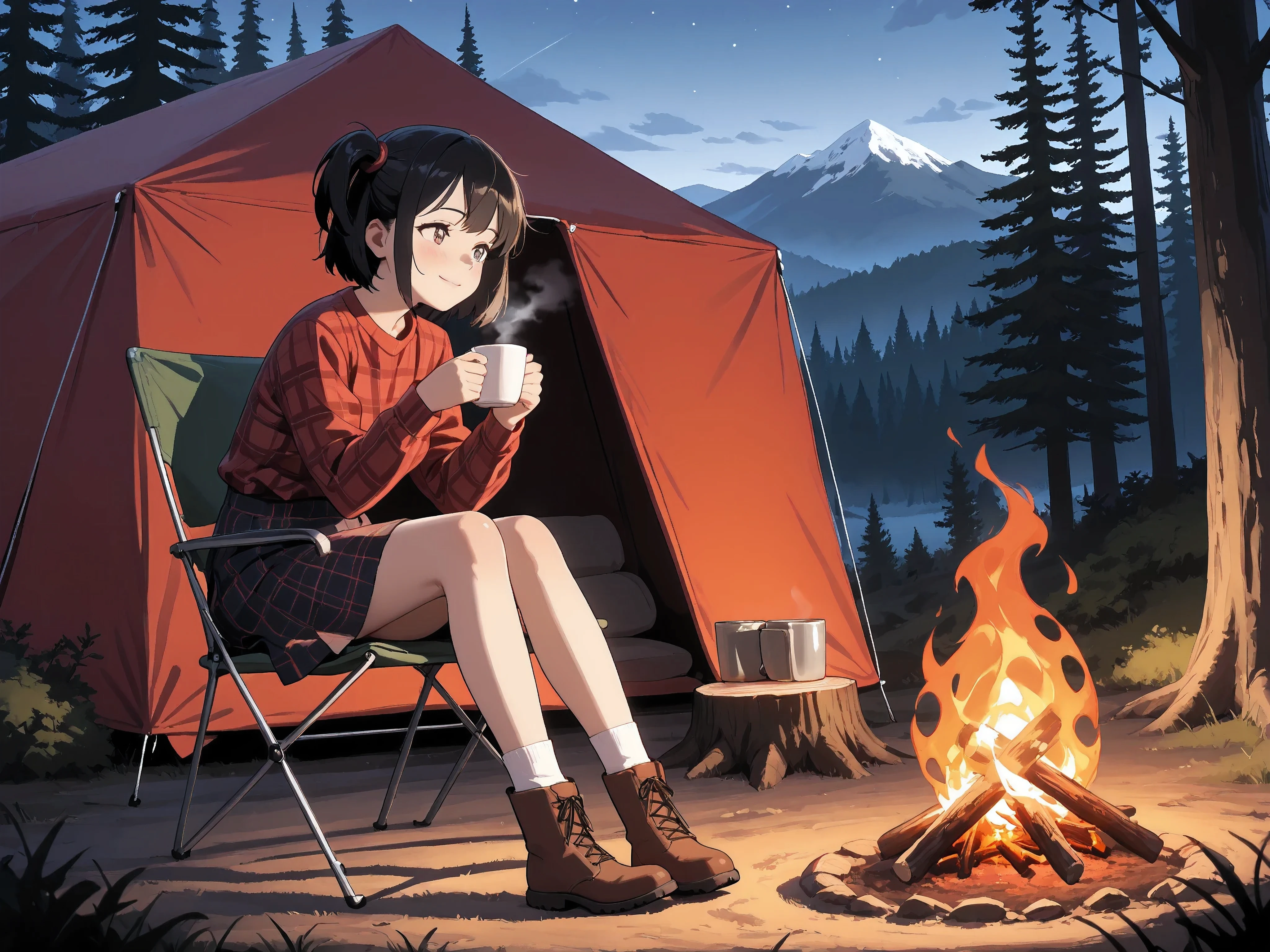 (masterpiece, best quality, ultra-detailed, 8K resolution), anime style, full body, solo camping high school girl, short side ponytail, sitting on a camping chair in front of a bonfire, relaxed expression, the warm glow of the fire softly illuminates her face, starlit night sky peeking through the trees, peaceful forest background, detailed and intricate lighting with depth of field, cinematic composition, black short hair, shiny and reflective eyes, gentle gaze, long eyelashes, red plaid long sleeve shirt, black culotte skirt, white socks, mountain hiking boots, red tent behind her, a tree stump nearby, simple gymnasium wall in background, holding a small cup of tea with both hands, slightly misty breath, subtle smile, warm atmosphere, reflective moment under the stars, focused on the character with soft blurred background, realistic forest textures, emotionally calm mood