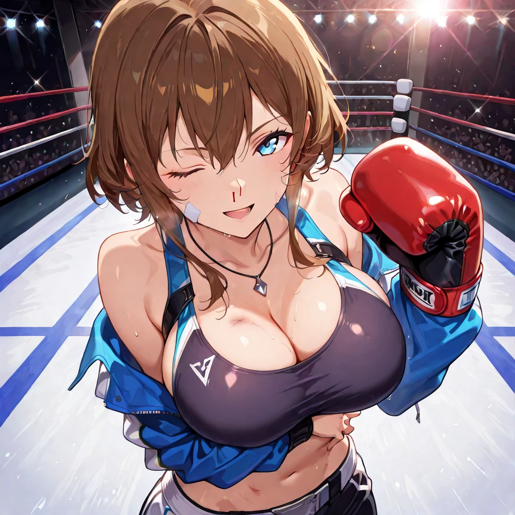(kinako_(shiratama_mochi) style, ((topless)), nsfw, masterpiece, 1 girl, solo, erect nipples, intricately detailed, navel, bare shoulders, brown hair, boxing shorts, boxing ring, gym, boxing, boxing gloves, extremely detailed, bare breasts, puffy nipples, green eyes, bare stomach, sweaty, medium breasts, arm strap, cowboy shot, , soft eyes, open mouth, short hair, cg masterpiece, cowboy shot