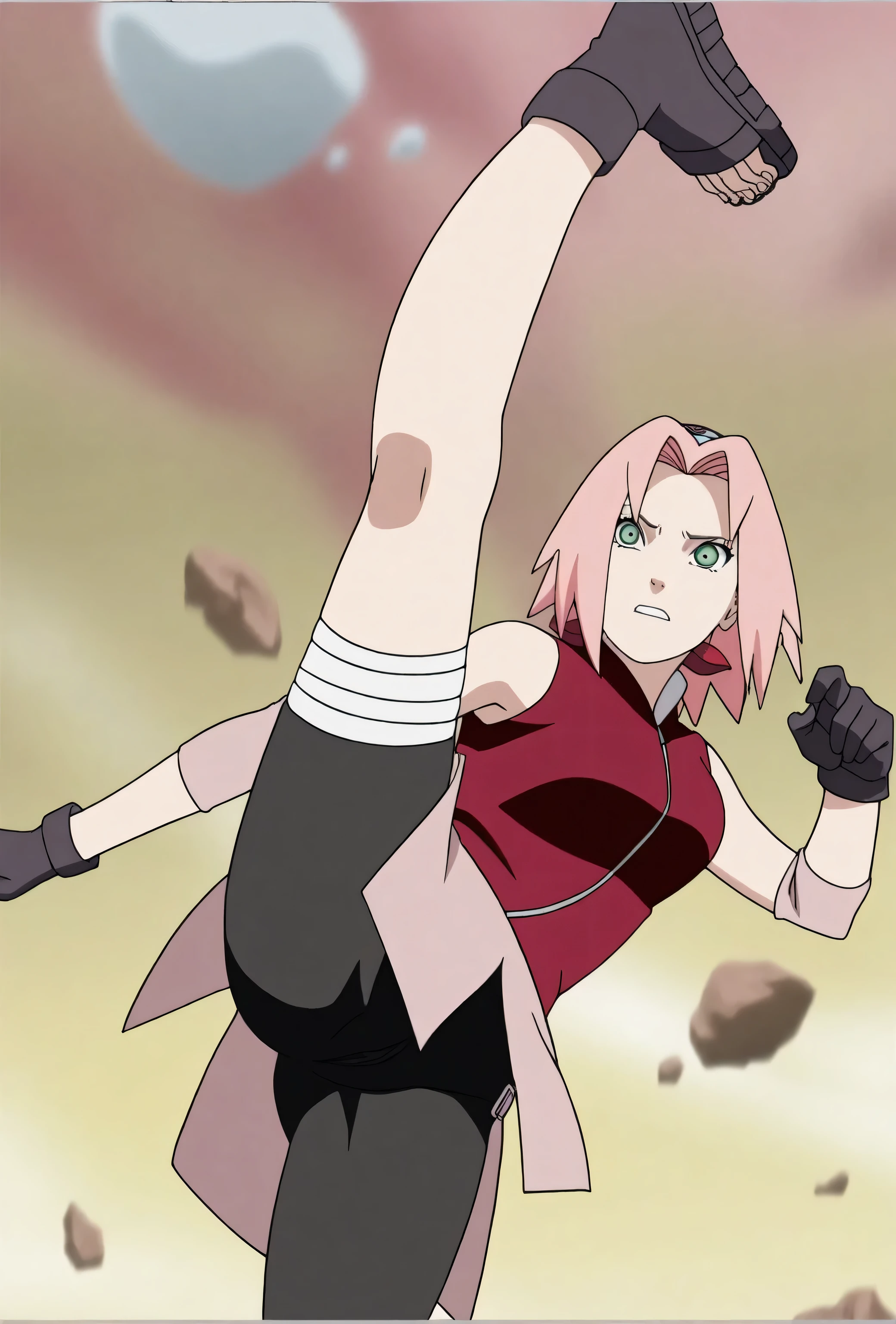 score_9, score_8_up, score_7_up, score_6_up, score_5_up, score_4_up, BREAK, source_anime,
1girl, haruno sakura, pink hair, short hair, green eyes, sleeveless, red shirt, forehead protector, beautiful legs, black gloves,
pussy, bottomless, full body, looking at viewer, solo,  konohagakure hidden village background, punching pose, fist up, hot peeing
