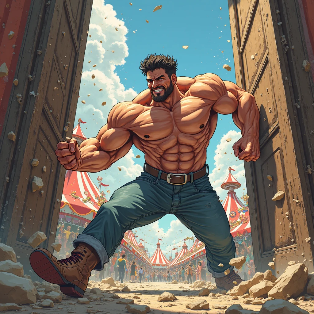 cara musculoso, Wearing Jeans, vestindo camisa branca, Desabotoar camisa na parte superior, Peito grande, muscular arms, caminhoneiro, bearded man standing, pose viril, no clube, with crowds, Cabelo curto, segurando o saco, volumoso.