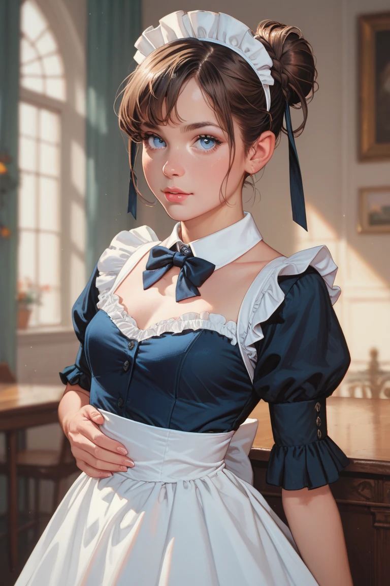 Young white female, light blue eyes, brunette hair in a bun. She wears a maid's uniform.