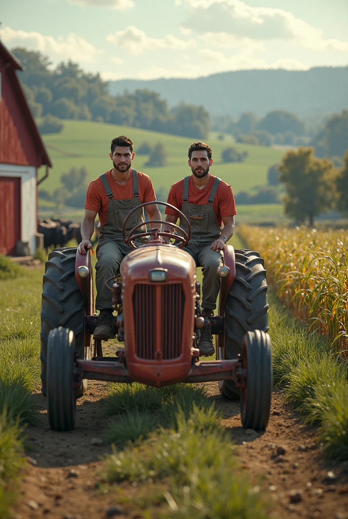 ((2heads)),1man,45 years old, fat,American, shirtless, jeans, chubby,wide torso,unathletic,beer in hand,dusk, farm and tractor in background, full body, looking into the horizon