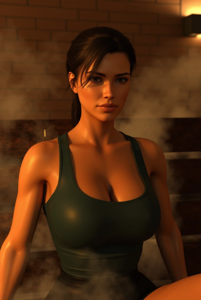 Lara Croft in the sauna

