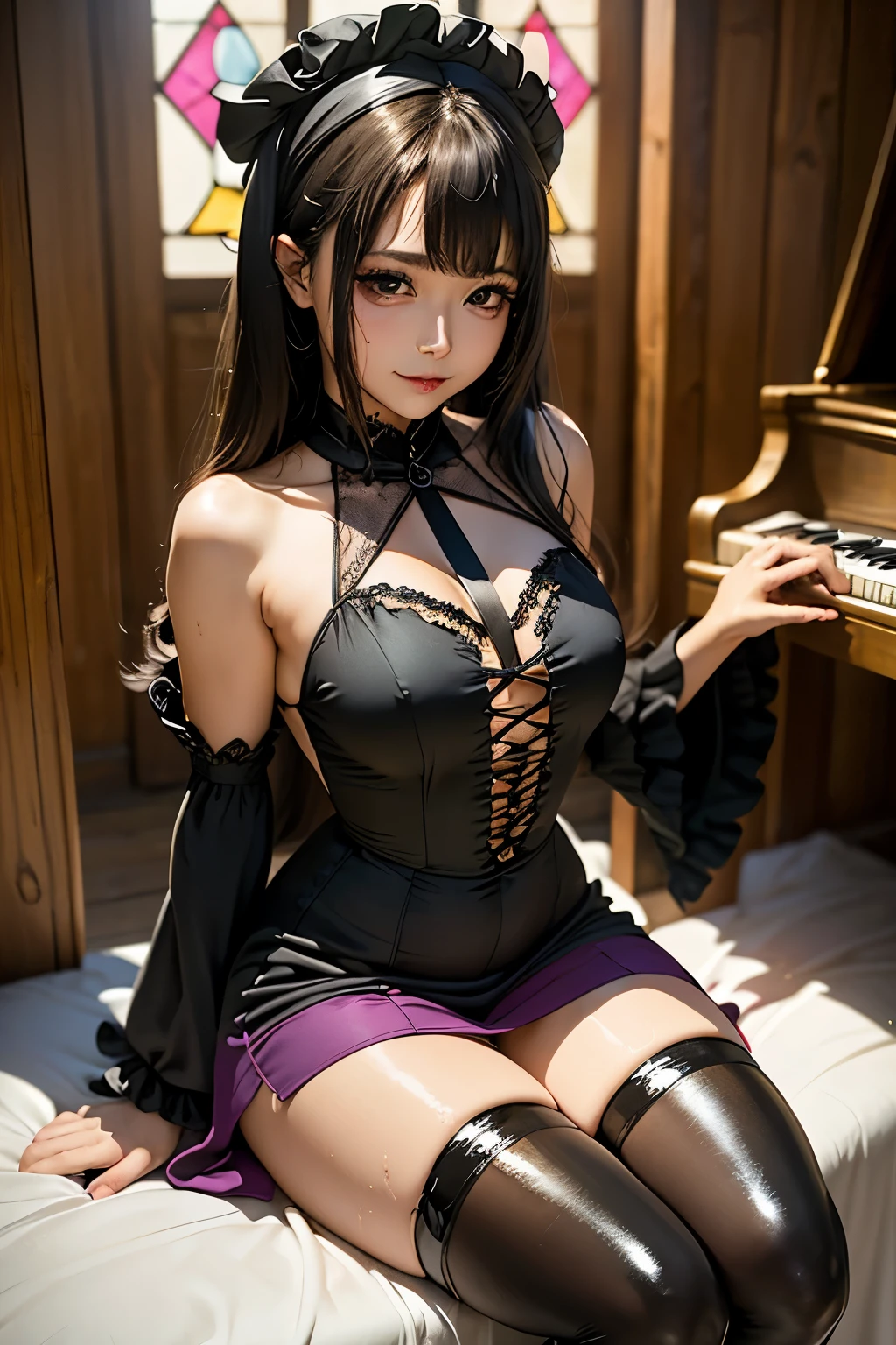 ハードdark gothicメイク、Insanity、deep night sky、horror、black dark eyeshadow、cry、grieve、Good skin glow、dark gothicメイク、dark smile、restless palace、expression of sexual excitement、fragrant beauty、22 years ago、Expression of intense sexual pleasure、embarrassed look、dark gothic、Gothic Lolita、bell sleeve、wizard sleeve、lewd expression、highest quality、Five Fingers Reference、Sweat shines on my chest、Expression of sexual pleasure in the midst of suffering、drunk face、Maid outfit mysterious、Noble、A face that is holding back the toilet、Flirty Gothic Clothing、My body is wet and shiny、super sexy、Lots of glitter on the thighs、I&#39;m sweating a lot、loving smile、twin tail hair、my thighs are so wet、jet black ruffle skirt、right blue eye, left eye is red、Super bewitching pose、knee high socks、thigh high socks、Excessive sweat and stickiness on thighs、shiny thighs、Sweat glistening on my thighs, my whole body glistening with sweat、glamorous、platform heel shoes、pretty sweaty、My thighs are sweaty、dark makeup、Breast size is modest、black lipstick、重厚感のあるdark gothicロングドレス、bright pink hair、long hair straight hair、Stained glass、black metal world、her thighs are a little glamorous、Playing the black guitar、Guitar Girl、play the guitar、guitar playing、gothic guitar、have a guitar、have a guitar、I love the guitar、Composition、Chest is small、Stained glassが背景、Live House Background、sing、have a microphone、