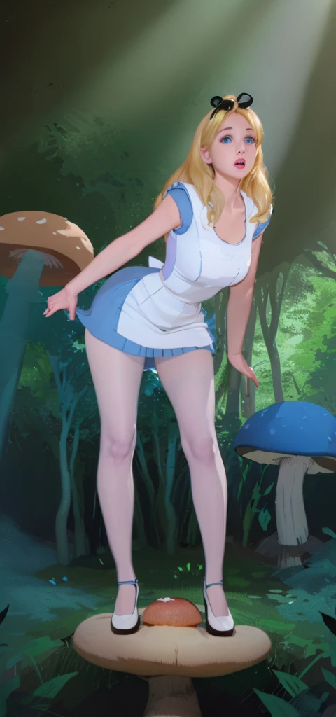 a beautiful 20 year old blonde woman with big messy hair in a blue dress, white stockings, black headband, cleavage, bending over to grab a glowing mushroom off the grassy forest floor, back shot, booty, fantasy art style, rossdraws cartoon vibrant, alice x. zhang, alice in wonderland cyberpunk, cute detailed digital art, colorfull digital fantasy art, digital fantasy art ), glossy digital painting, rossdraws pastel vibrant, rossdraws 2. 5, rossdraws 1. 0