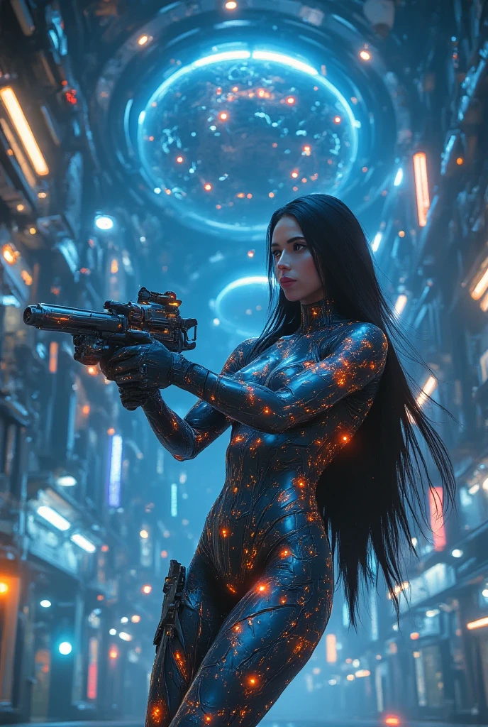 Hyperrealistic photo of a woman in xenomorph style with LED lights, blue hair, firing a plasma gun, urban landscape post-apocalyptic world. complexity of details in the image., sharp focus
