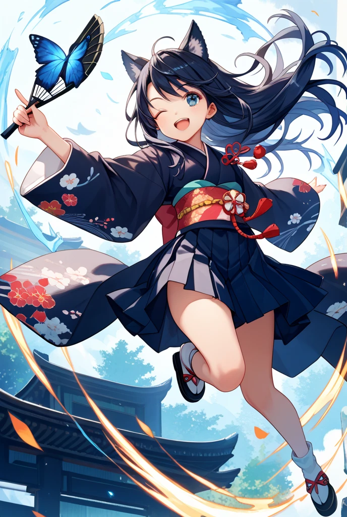 (masterpiece、Highest quality、Highest quality、Official Art、Beautiful and beautiful:1.2)、(One person:1.3)Hatsune Miku、Twin tails,Beautiful breasts, Katsushika Hokusai,Demon Slayer anime style character screenshot, Teenage woman with curly black hair with grey highlights, Light blue eyes and a chubby body, A battle scene seen from below
