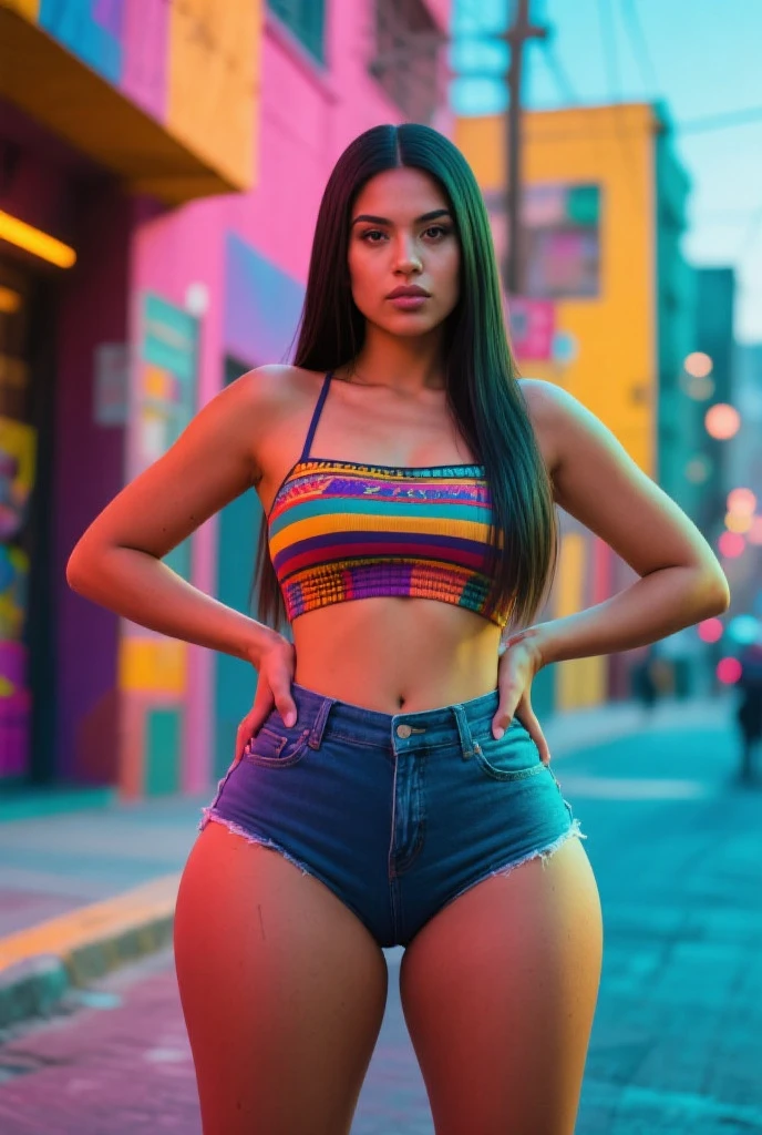 a woman with a blue top and jeans shorts posing for a picture, sexy girl, curvy model, sexy look, indian goddess, indian, gorgeous woman, beautiful thick female, seductive lady, attractive girl, bra and shorts streetwear, sexy girl with dark complexion, thick body, photo of a beautiful woman, style of beautiful body, very beautiful woman, lovely woman, attractive woman