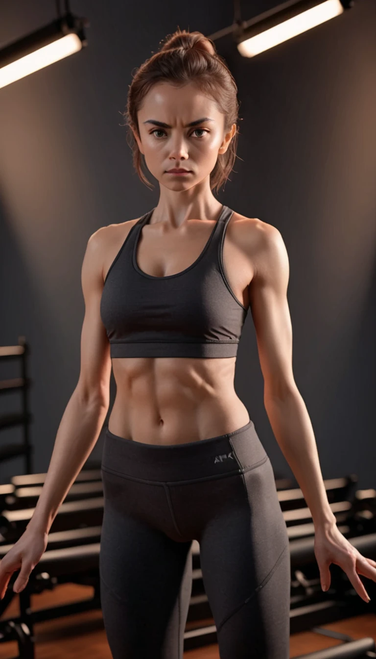 beautiful woman, slim female body, sweaty skin, pink gym clothing, dynamic pose, natural lighting, photorealistic, hyperrealistic, 8k, detailed, intricate, chiaroscuro lighting, dramatic shadows, glowing skin, cinematic composition, moody color palette, high contrast