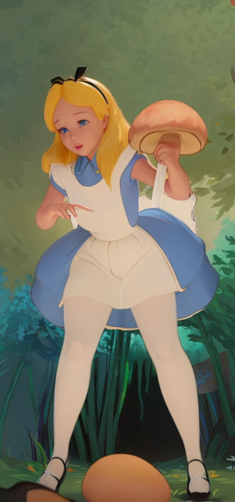 score_8_up, BREAK, Alice, 1girl, solo, blonde hair, long hair, blue eyes, headband, ribbon bow, blue dress, short sleeves, white apron, white tight, barefoot, looking at viewer, outdoors, full body, tied ankles together, tied arms, tape gagged