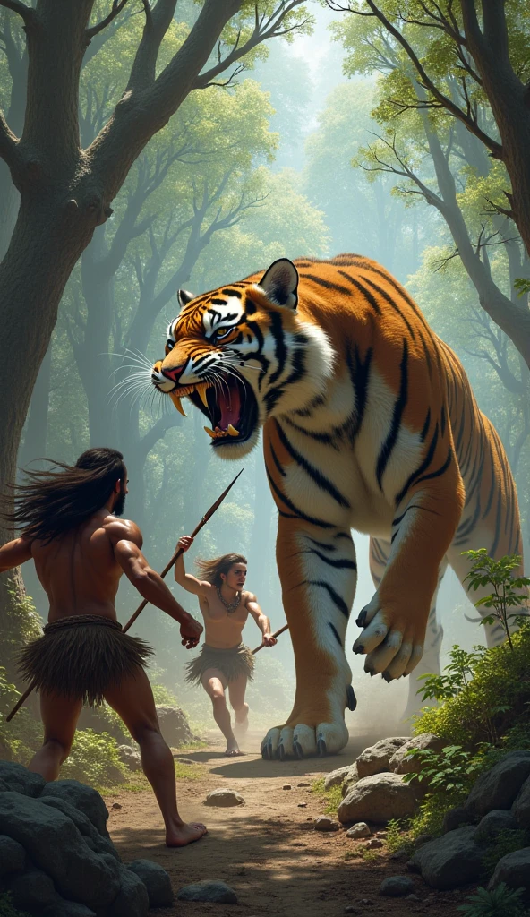 Old Indian throwing an arrow and piercing a jaguar that jumps in a jungle