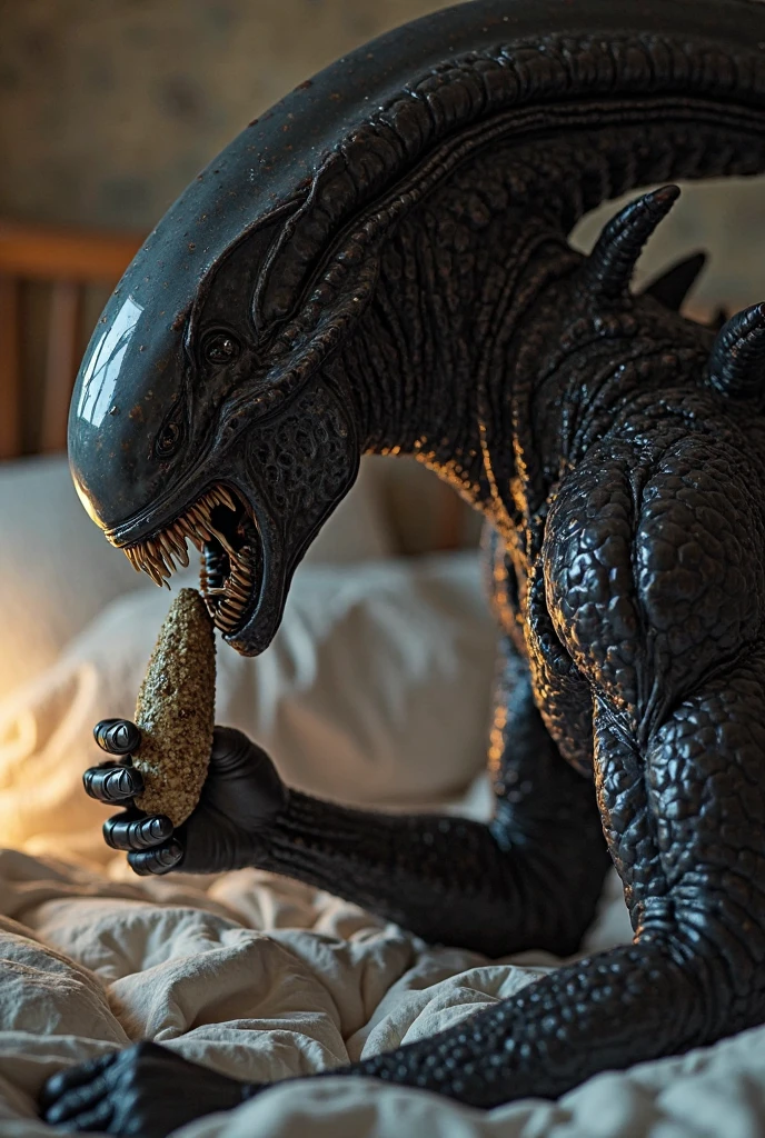 Aliens xenomorph has broken into the pantry, it is eating a donut, spaceship