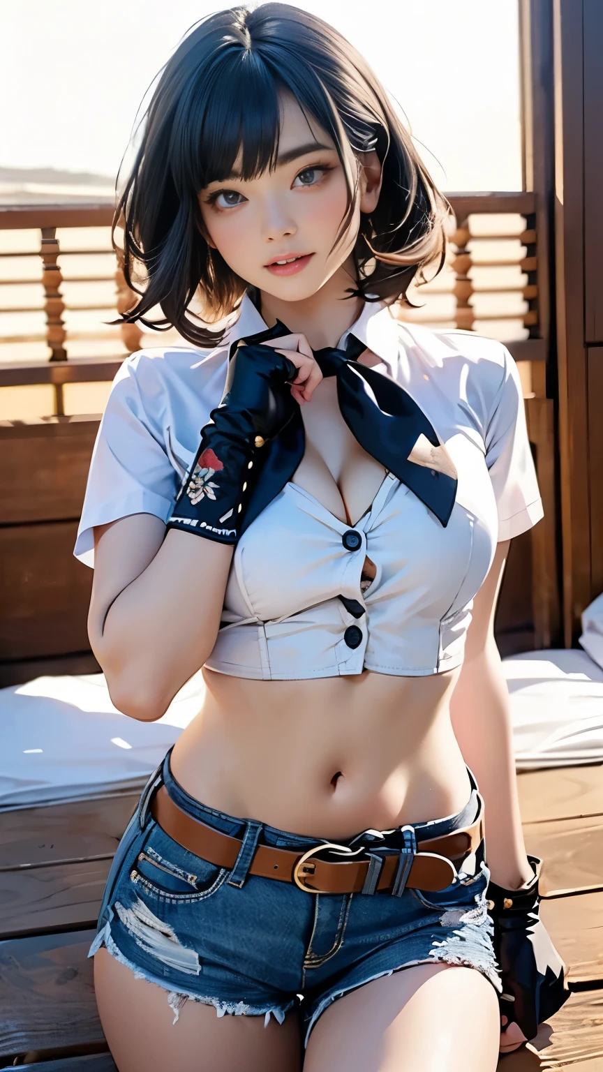 (((((solo))))),(((((masterpiece))))), (((((Highest Quality))))),(((((Extremely Detailed))))), fine-grained, depth of field in shallow water, Brilliant Details, detailed clothes, high resolution,GUN, revolver,
1 girl, bungs, (beautiful detailed face:1.3), clavicle, collar shirt, ((white shirts)), Ella Parlon ,hair bungs, Mid length , Straight Hair , Mid length ,wavy hair with a graceful expression, The shirt is half open, buttons unlocked, Cleavage , several buttons open to show Chest, show your stomach, blue eyes, Dark Brown Hair, Chest, (( cowboy)), ( cowboy villages with:1.3), Short gloves. fingerless gloves, villages with, medium bust, belly button, Neckarchief, red Neckarchief, short hair, shorts, low rise Daisy Dukes, Healthy Thighs, gun belt , cowboy western, sunny desert background, gap
