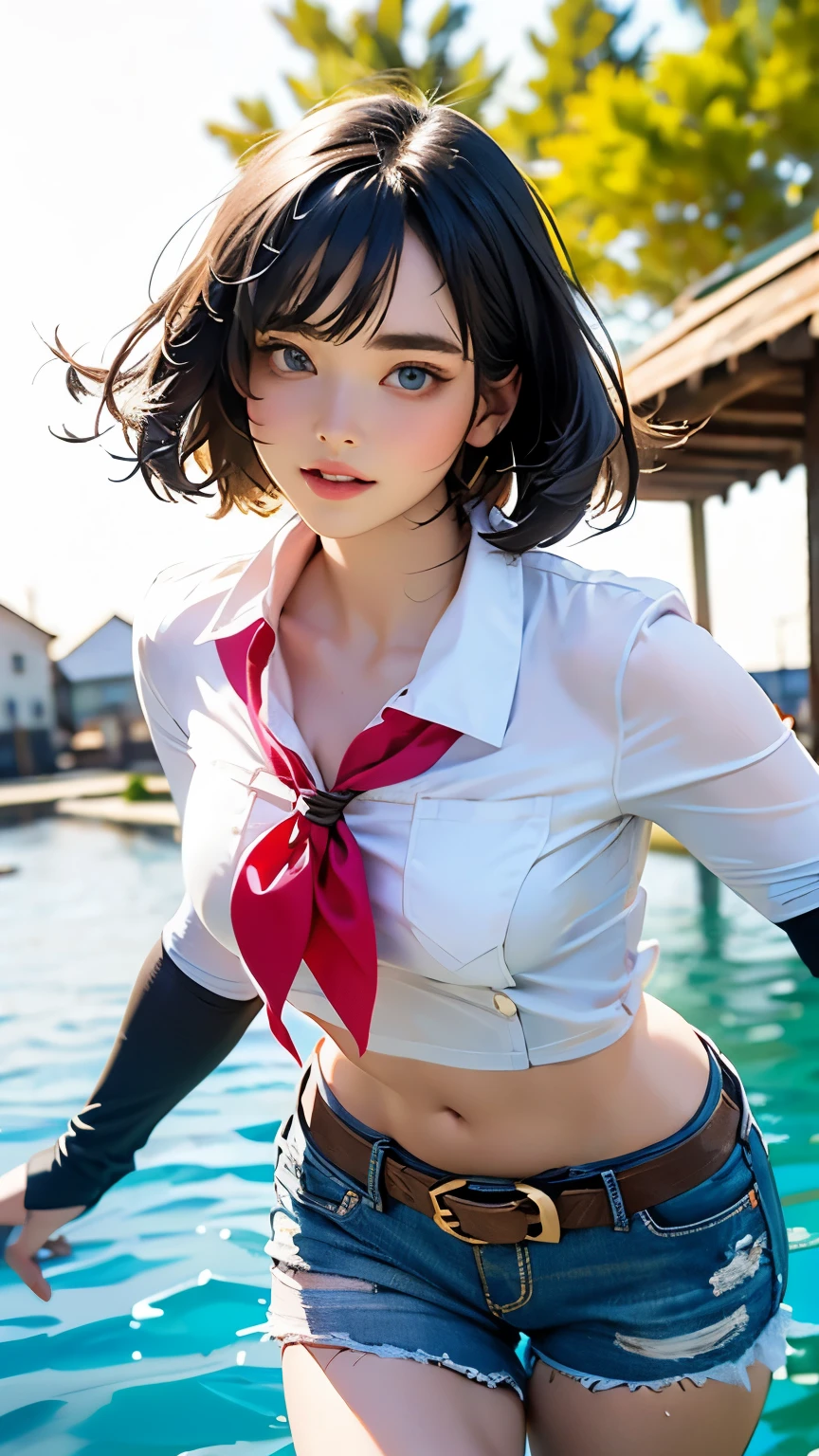 (((((solo))))),(((((masterpiece))))), (((((Highest Quality))))),(((((Extremely Detailed))))), fine-grained, depth of field in shallow water, Brilliant Details, detailed clothes, high resolution,
1 girl, bungs, (beautiful detailed face:1.3), clavicle, collar shirt, ((white shirts)), Ella Parlon ,hair bungs, Mid length , Straight Hair , Mid length ,wavy hair with a graceful expression, The shirt is half open, buttons unlocked, No., several buttons open to show Chest, show your stomach, blue eyes, Gold, Chest, (( cowboy)), ( cowboy villages with:1.3), Short gloves. fingerless gloves, villages with, medium bust, belly button, Neckarchief, red Neckarchief, short hair, shorts, low rise Daisy Dukes, Healthy Thighs, gun belt , cowboy western, sunny desert background, gap