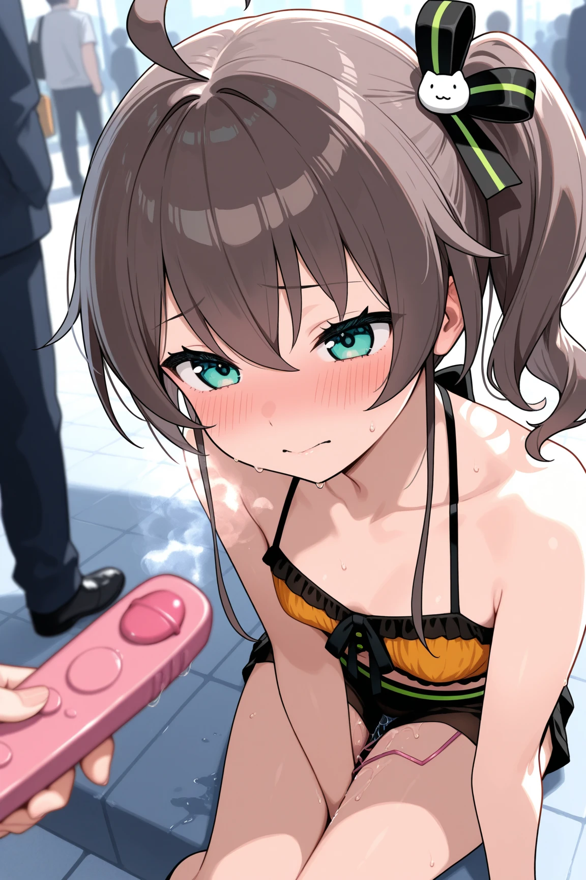 hot anime girl, small , flat, lolieen eyes, purple long hair with twintails and a fringe with three clips on the left and two on the right, hot posing, smooth body, high detail skin, your hands covering her breasts, s pool background, pov, embarrassed look, naked, cover tits hands