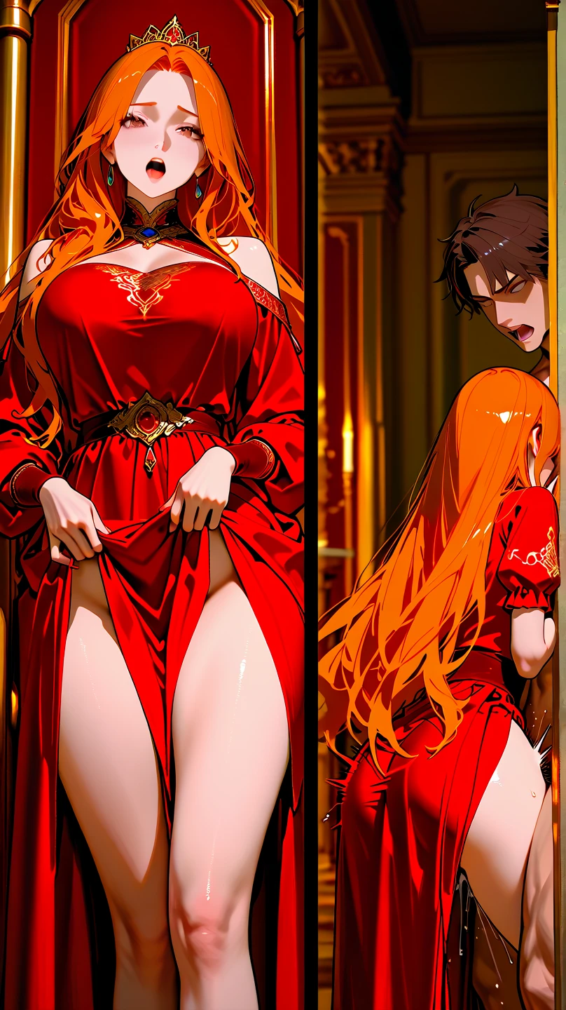 30 year old woman , with bright red glitter dress , long and shocking red hair , Eyes red , expression of mockery making a smile , view from below , Caucasian skin , sharp and red nails , fully body , one leg outside the dress with one leg inside , holding a glass of wine with one hand forward and the other hand holding it on the waist , somewhat evil face