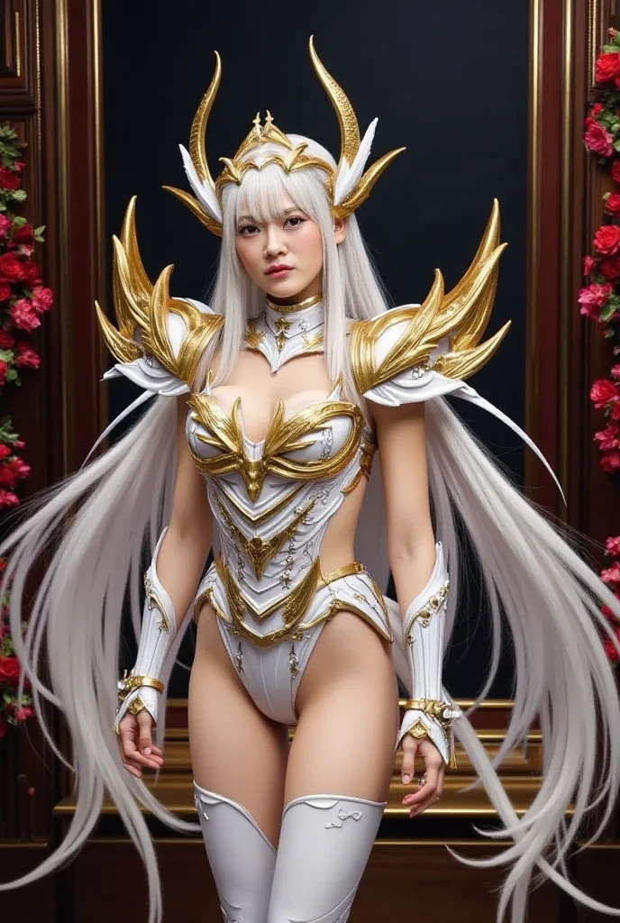professional , masterpiece、Top quality、Photo-realistic , 、Top quality、Ultra-high resolution、(Photorealistic:1.4)、RAW photos、Depth of Field （Gemstone gold metal body:1.9),(Matte white、Tostock、Cleavage、（Cleavage）、(((Saint Seiya Gold Armor))),（Detailed dragon armor）、（Have the strongest weapon）、（(Random hairstyle 1.6),Dark Fantasy,）explode、Fierce battles、（Steep cliffs),dragon gold weapon,Mysterious Expression、Light Particles、Battle Dragon、（Detailed dragon helmet),Ornate silver weapon ,（（ Dragon&#39;s dense pattern Tianwu treasure wheel）） , Beautiful wheel-shaped weapon ,Warhammer 40k ,Details and gorgeous crowns、（（Blue Hair））、（Castle Background）、、（（Gungar forest background））、Beautiful Asian Japanese cute beauty、１one person、Dynamic Angle,(((With detailed shielding)))、Head high、170 height、a smile、Castle Background、Slender and beautiful female hands、Cleavage、Soldiers in armor in the background、Mysterious Expression、Lighting Effects、Fierce battles、Wind Effect、Magic Circle、With the legendary wand、（Devil Wings）、Tostock、