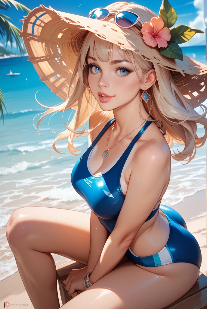 (masterpiece), (best quality), (detailed), light layer, 1solo girl, young girl, perfect body, blonde hair in pigtails, defined chest, defined collarbone, ultra realistic, photorealistic, detailed, ,Enhance, wearing a blue v- neck halter swimsuit, beach lighthouse background morning