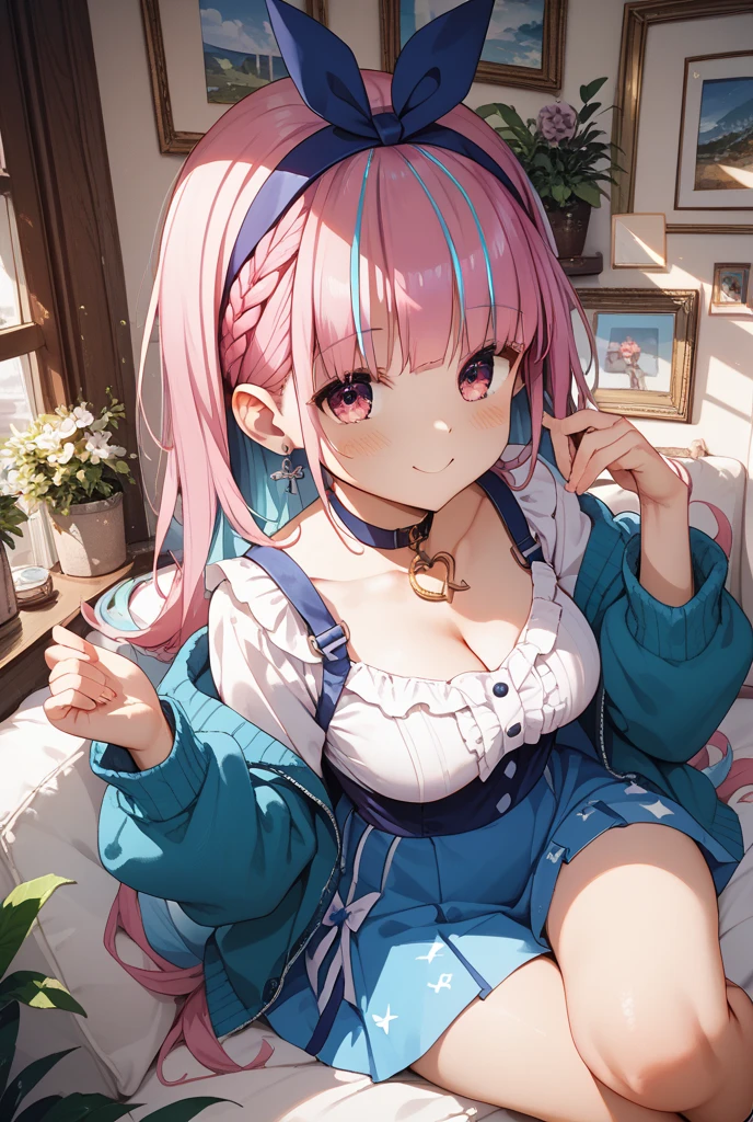 (Masterpiece, Super Detail, Top Quality, 8k, 32K, High Resolution, Kyoto Animation Style Anime Illustrations, Top Quality Official Art Features: 1.6), (Heterochromia, Blue and Green Eyes: 1.8 ), (Chibi: 1.8), (pale pink hair, braid, cute ribbon: 1.3), underwear, beautiful big breasts that seem to burst, hands holding breasts, troubled face, cleavage flowing milk, fashionable pink girls' room