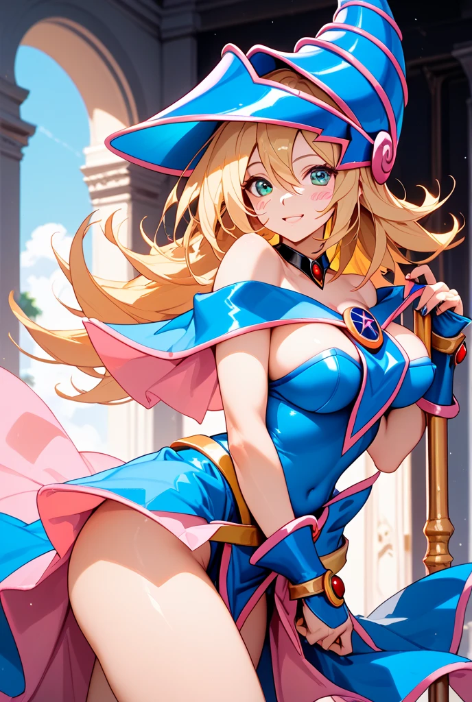 Very detailed、Highest quality、Best image quality、masterpiece、8k、Open mouth smiling、(Big eyes)、(Puffy eyes)、(SFW Huge Body)、Cowboy Shot、(Four Dark Magician Girls standing side by side)、multiple girls