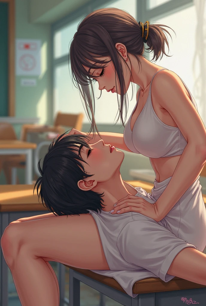 Eliza from Tekken, short black hair with bangs passing past her shoulders, short hair at the back of her head, soft gothic makeup on her eyes, purple lipstick, light casual blouse with a low neckline, short black skirt made of light fabric, sitting on the edge of the bed while caressing her face of a young man who is sleeping