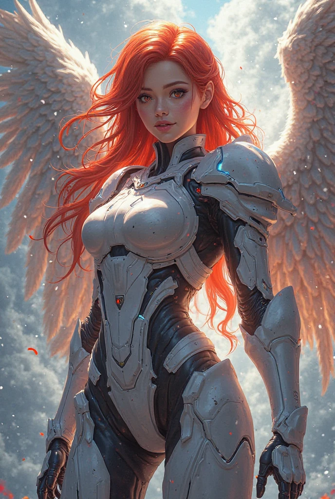 a picture of a female mecha angel walking in a fantasy urban street at night, full body, an exquisite beautiful (ultra detailed, Masterpiece, best quality) female mecha angel, dynamic angle (best detailed, Masterpiece, best quality), best detailed face, ultra feminine, red hair, long hair, braided hair, dynamic eyes color, angel_wings spread white (angelic mechanical wings: 1.2), (wearing mecha armor: 1.4), blue cloak, fantasysword armed with sword  walking in a fantasy setting street, night time, red moon, stars  high details, fantasy art, RPG art best quality, 16k, [ultra detailed], masterpiece, best quality, (ultra detailed), full body, ultra wide shot, photorealistic, mecha musume
