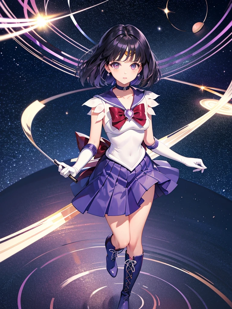 (full body),Sailor Saturn, purple Sailor collar, Sailor collar, Sailor Warrior Uniform, Gold tiara on forehead, Tomoe Hotaru, space, silence_sword,, (masterpiece:1.2), (Highest_quality:1.2), (Ultra_detailed:1.3), 8k, very_clear,