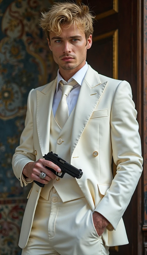 ((best quality)), ((masterpiece)), (detailed), perfect faceA fit handsome rich white boy in suit and gold locket in neck . Holding a advanced gun in hand
