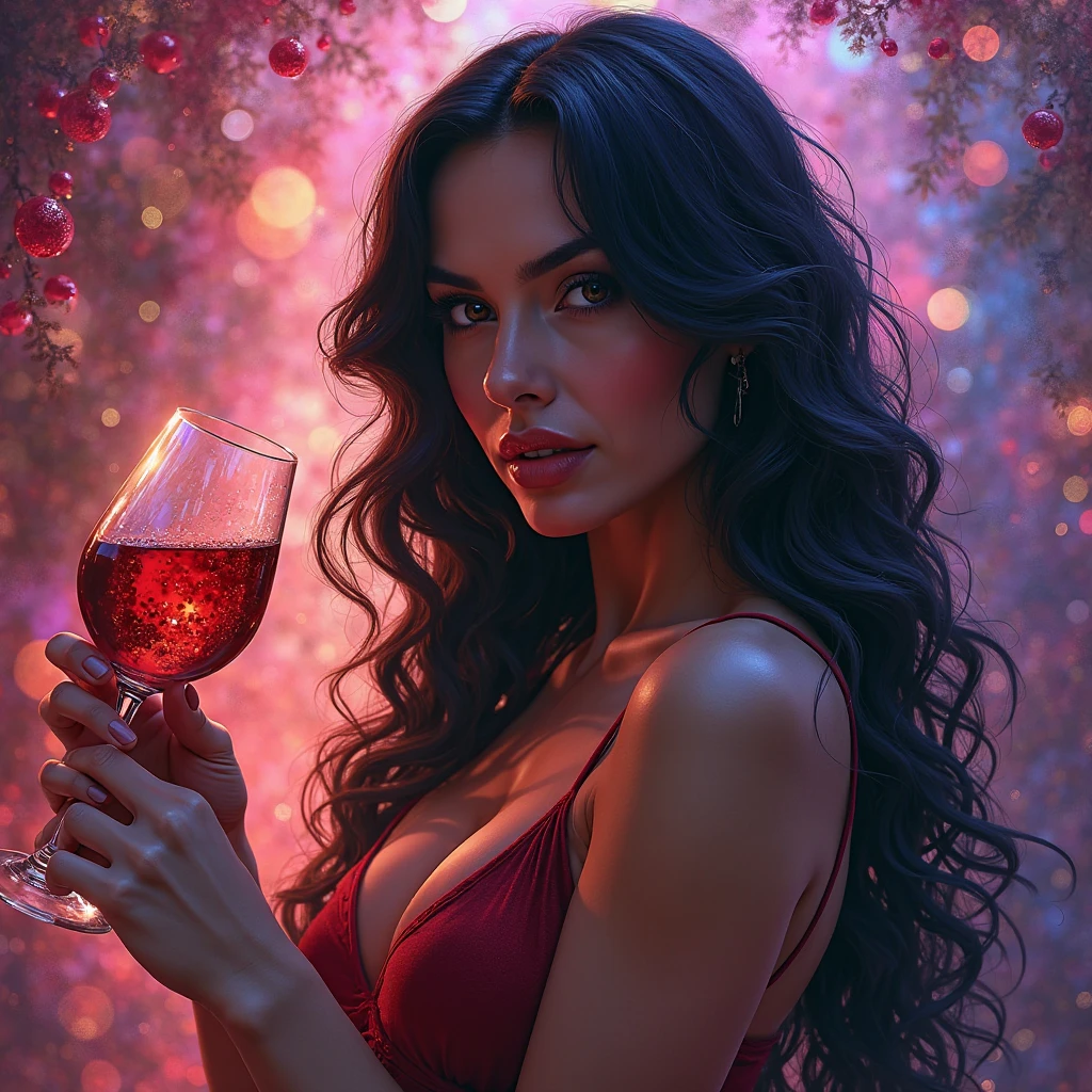 Brunette woman with curly hair, with a glass of wine in hand and roses at a crossroads