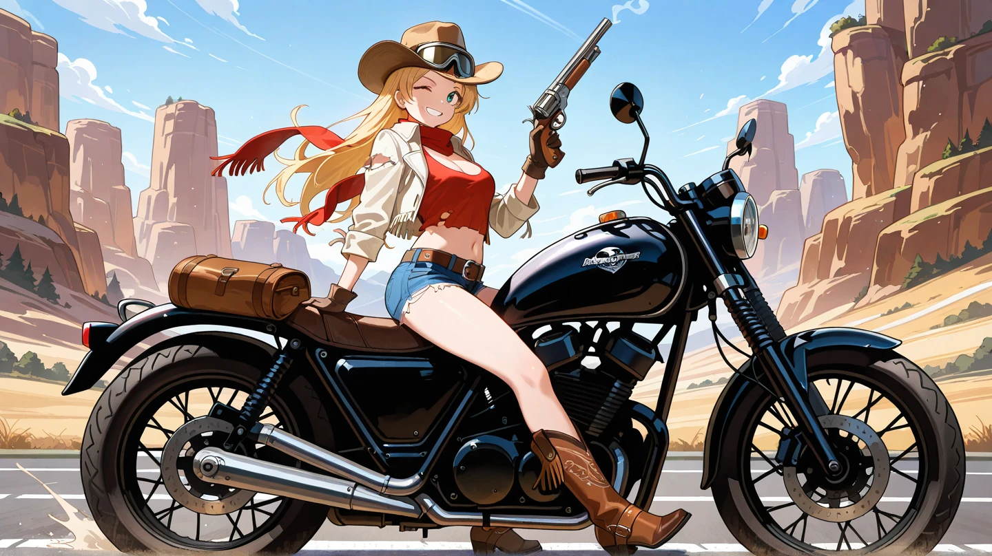 1girl, solo, long hair, breasts, looking at viewer, large breasts, simple background, brown hair, hat, white background, swimsuit, ass, bikini, looking back, pants, high heels, sideboob, underboob, denim, ground vehicle, bikini top only, motor vehicle, red bikini, jeans, motorcycle, cowboy hat,Mine Fujiko