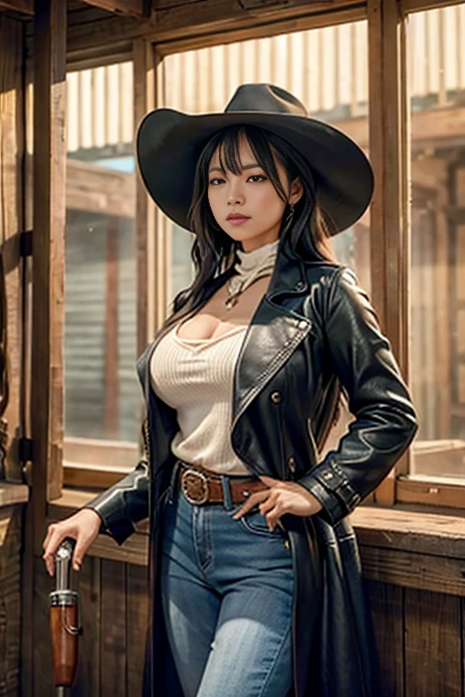 A mature woman in realistic portrait of high quality and detail, movie style, mature face, 43 years old, She has long black hair with short bangs, black eyes, pale skin, asian girl, She is wearing a white blouse, a short black cut-out skirt, black shoes, a black raincoat and a wide-brimmed black hat, medium breast, curvy, milf, blushing red face, mole on her face, dramatic look, glow, eye shadow, 1girl, Depth & Perspective, melancholic face, fine face, She's standing in the japanese street, outdoors, neon lights on background, looking at viewer, (ultra-high detail:1.2), Masterpiece, Best Quality, Ultra-detailed, Cinematic lighting, 8K, delicate features, cinematic, 35 mm lens, f/1.9, highlight lighting, global lighting –uplight –v 4, cinematic, Cinematic lighting, 8K, high quality, Highest Quality, (Solo Focus), (extremly intricate:1.3), (Realistic), masterful, Analog style, (Film grain:1.5), (cold tone),
