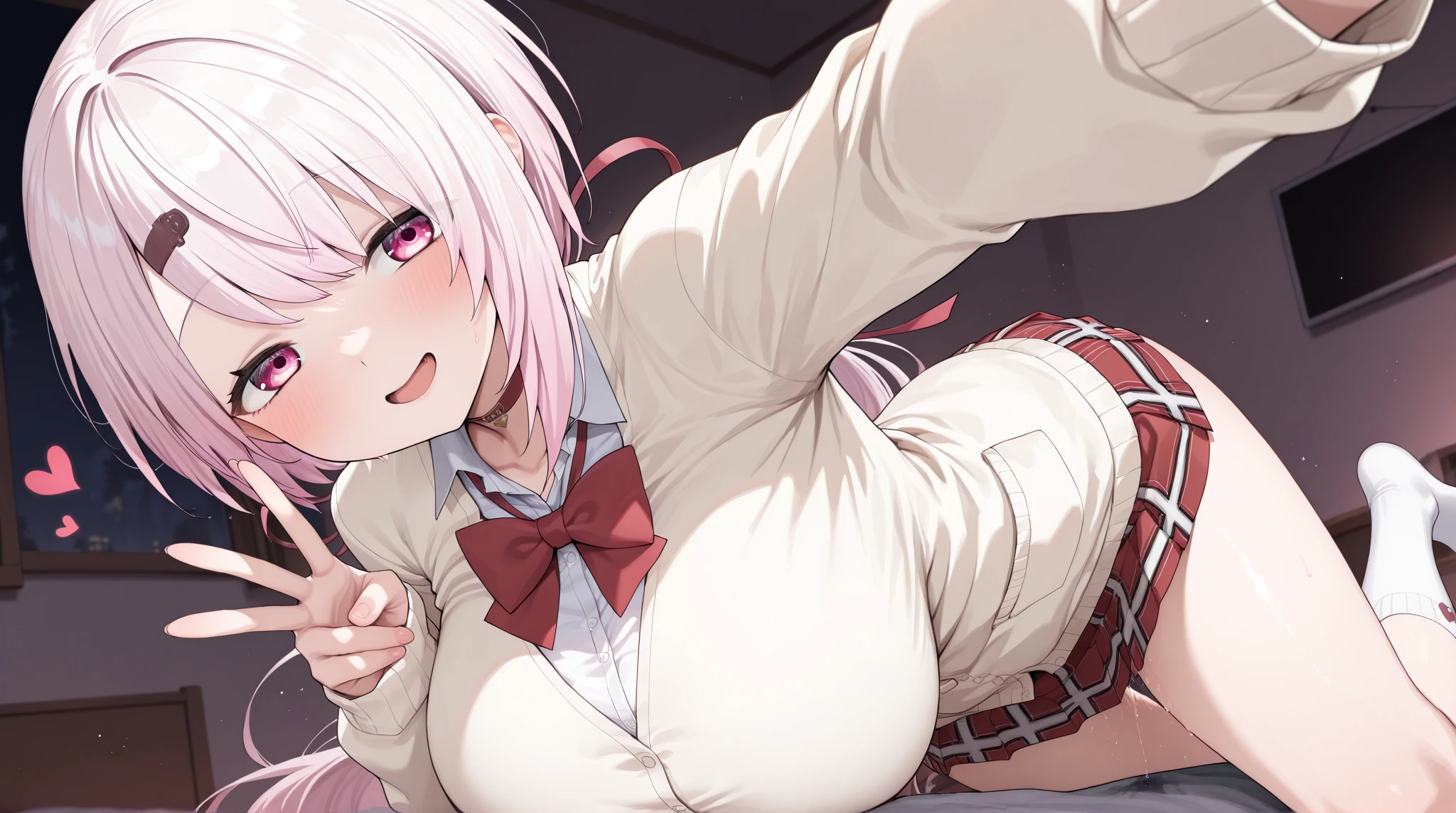 score_9, score_8_up, score_7_up,source_anime, best quality, highres, absurdres, FAVORITE, Hoshizora_no_memoria ,[Ototsu_Yume], White Hair, medium_hair,Red_eye, Red_string_Hair_Ribbon, center_frills, white_side_frills, white_juliet sleeves, white_long_sleeves ,sidelocks, neck_String_ribbon, white_frills_shirt ,bottomless,NSFW ,Hentai, Cowgirl, legs_spread, grab_thighs , Uncensored, (POV:1.8), lying, open_clothes, orgasm, thigh_focus ,vagina ,