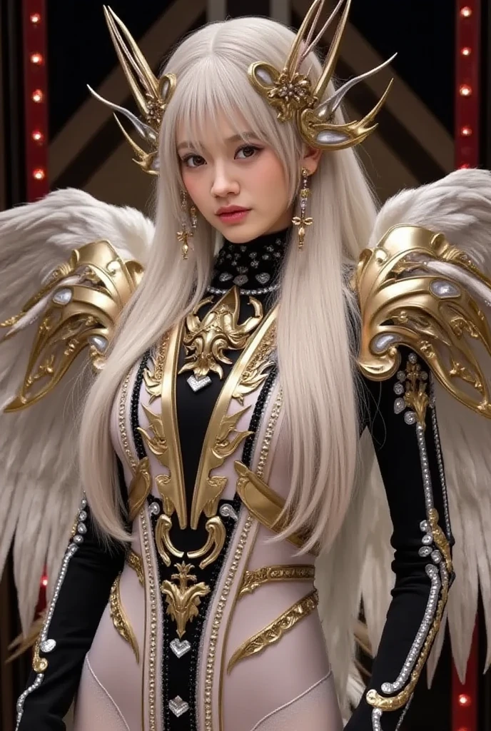 (masutepiece), Professional , masterpiece、top-quality、photos realistic , depth of fields (Gemstone White Metal Body:1.9),(Matte White、Jewel Gold Weapon(Jewel Metal Body:1.4),Gorgeous metal weapons ,(( Detailed and gorgeous sword of the brave)) , Beautiful knife ,warhammer 40k , adepta sororitas,Detail and ornate jewel crown、((Golden hair))、((Gangle's forest background))、Beautiful Caucasian beauty、1a person、dynamic ungle,(((Detailed and ornate diamond crown)))、Smaller head、A smile、Background inside the castle、Thin and beautiful female hands、cleavage of the breast、Soldier in iron armor on background、Mystical expression、Light Effects、intense fighting、Wind-effect、magic circles、With the legendary magic wand、(wings of light)、
