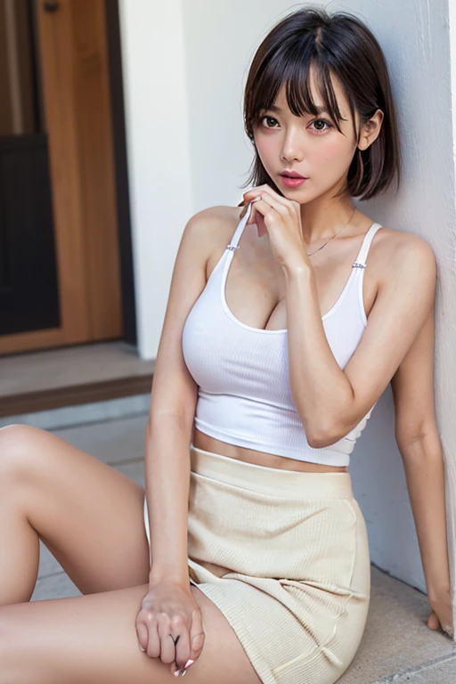 masterpiece, 8k, Award-winning photography, photoRealistic, Realistic, Very detailed, Ultra-high resolution, Ray Trakun, _ The most beautiful, 20-year-old ,(sexy,Japanese Idols,Black Hair, short hair),Shiny skin , Fine skin , Detailed face , Beautiful Eyes , _ Looking at the audience, Showing cleavage, _ break (Droopy eyes, Natural Makeup,smile, shining teeth 1.2),Bright colors, Medium sized breasts, _ Glowing black eyes, White skin, _ Simple concrete studio with window, Very detailed background, , ultra-Realistic textures, Dramatic lighting ,RAW Photos, 1 girl, _ Dynamic Angle, (Under the skirt:1.3),