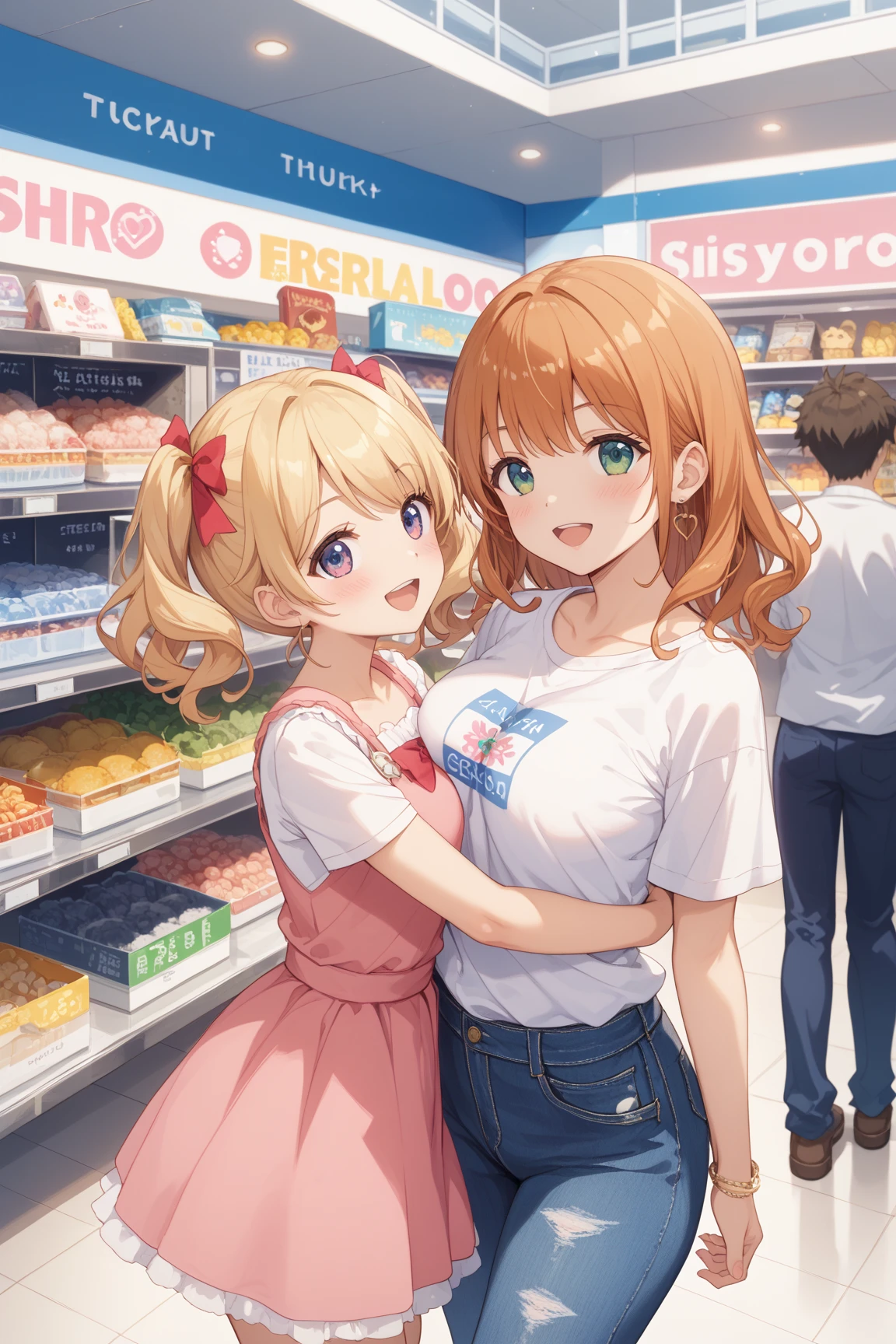 (Colossal breasts: 2) (Enchanting Anime Girls: 1.9) (Girls in see-through white micro bikinis stand at the counter of a store with bags:1.8), At the counter, convenience store, (Japan anime girls:1.5), in 2 0 0 2, anime, at checkout, shot in the late 2000s, details, taken in the mid-2000s, very detail», drugstore, very stylized, Girls Getting Groceries, Girls Shopping, Journalistic Anime . nsfw, yotsuba nakano, bangs, short hair, blue eyes, hair between eyes, hair ribbon, hairband, orange hair, (green ribbon:1.5),