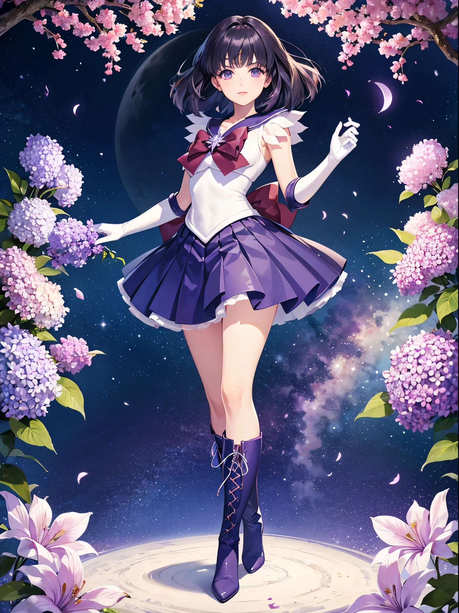 sailor saturn, 1 girl, black hair, short hair, purple eyes, detailed eyes, female focus, alone, Standing, Hotaru Tomoe, portrait, full body, (Masterpiece:1.0), (best quality:1.0) , (wallpaper 8k:1.0), (detailed beautiful face:1.0), (detailed deep eyes), deep eyes, looking at viewer, sailor scout, lilac bow on chest, lilac skirt, white gloves, purple boots with white laces, she is in the foreground, background flowers