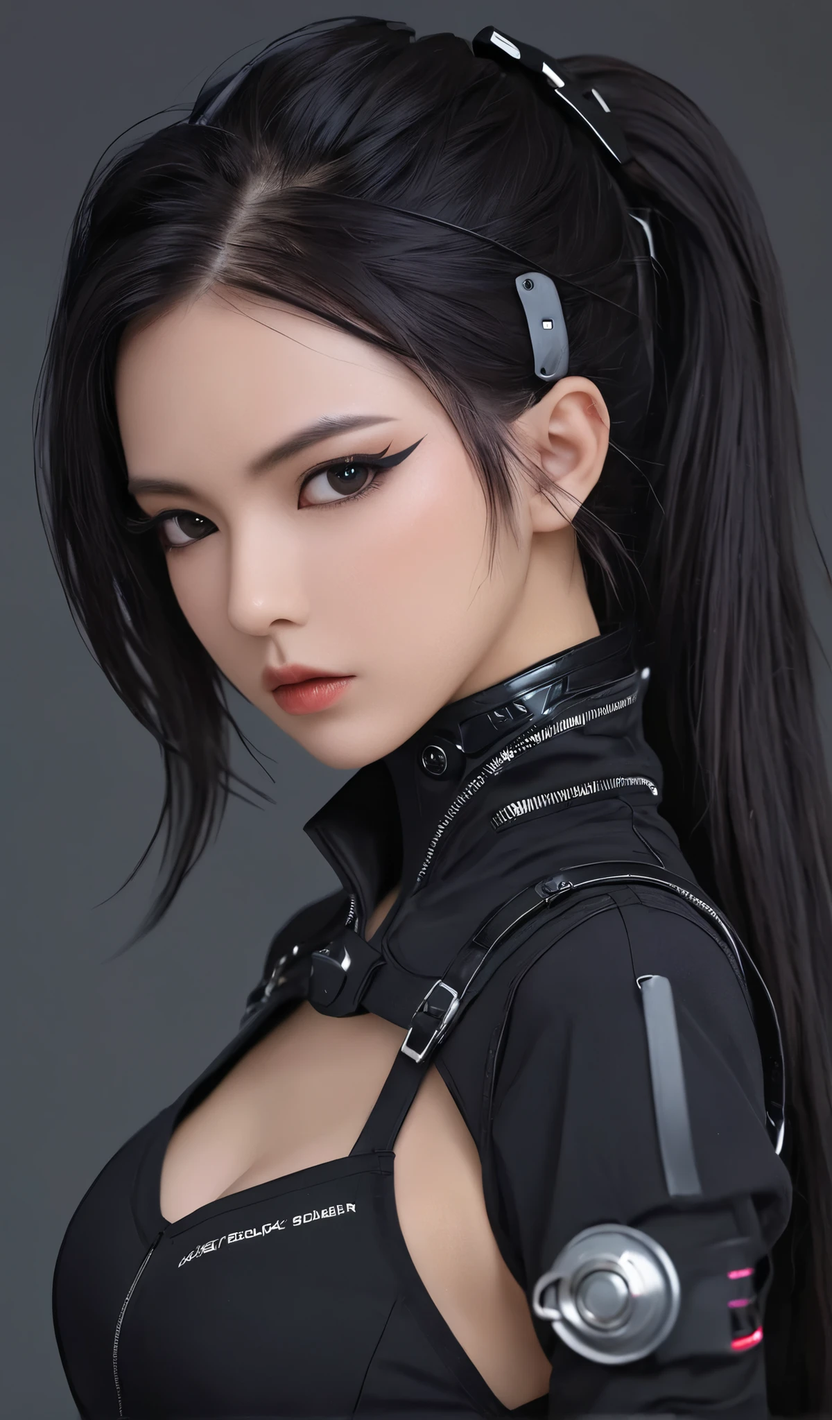 Woman in black with mask and all black cyberpunk clothes, wearing tech outfit and armor, photo of a woman in tech gear, dark sci-fi outfit, cyberpunk outfit, female assassin, futuristic tech costume, cyberpunk fashion clothes, jet black hair cyberpunk girl, cyberpunk clothes, cyberpunk outfit, tech fashion, in dark and light space soldier costume