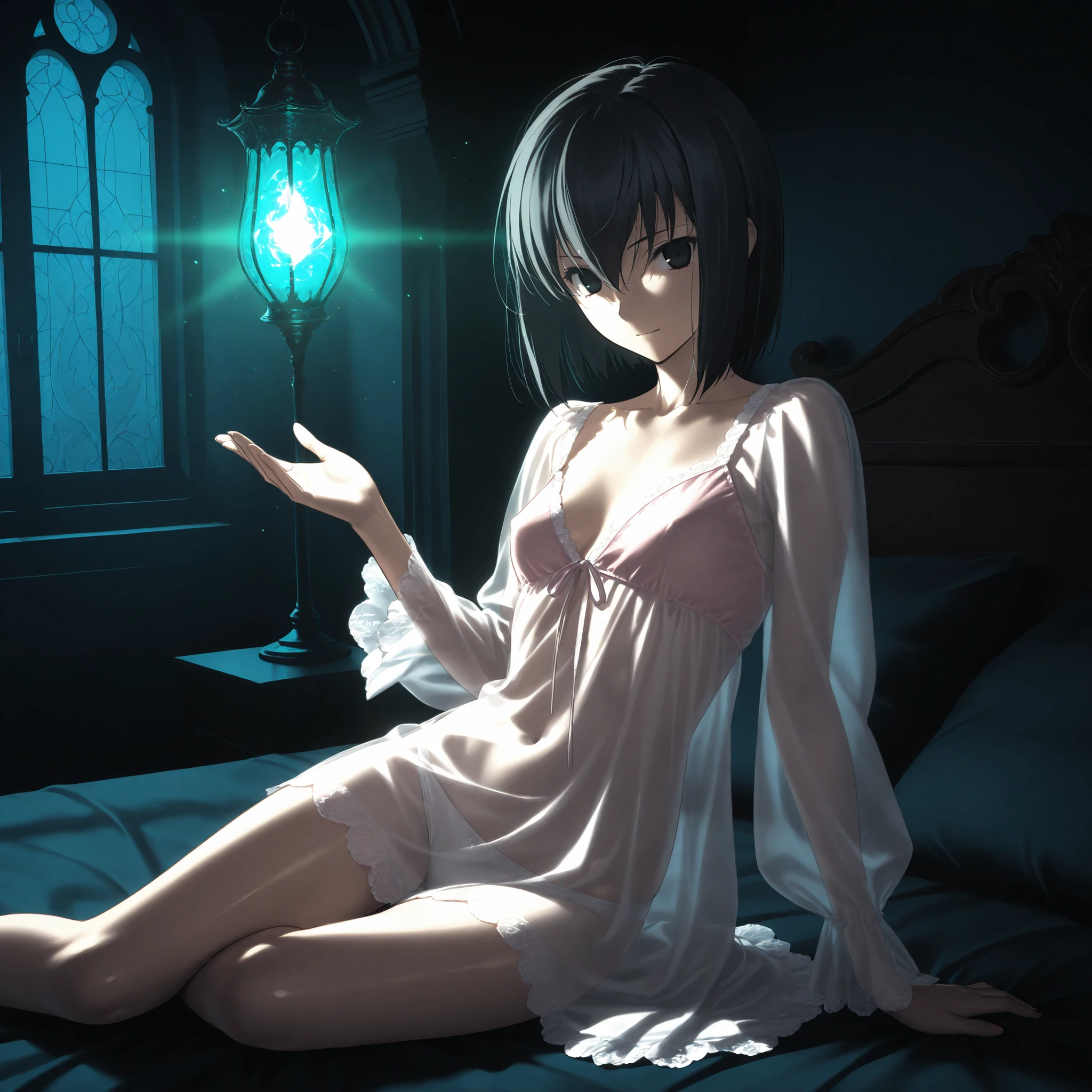 masterpiece, , absurdres, highres, detailed background, high resolution, masterpiece, necessary, detail, best quality, quality, necessary, details, High details, Precise, , indoors , lamp , (gothic architecture:0 . 3) , dark theme ,low light , , from side ,, solo, ,
1girl, , (type-moon,) style, koyama hirokazu style, (close up), sitting, on bed, shiny skin , , (magic, green light particles),
tall girl, mature, 1girl , solo , kuonji alice , black hair , short hair , hair between eyes , black eyes , , Alice_Asc2 , show off nipple, ((see-through)), pink sundress , , long sleeves ,frill, white panties, (looking at viewer) , (small breasts), , embarrassed, light smile,