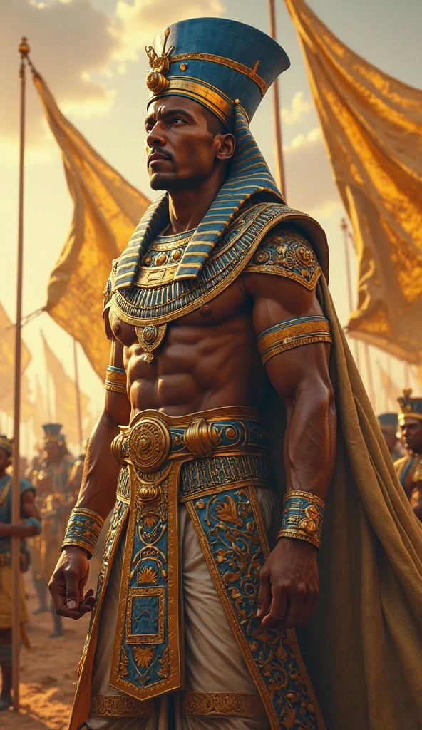 "Create an image of Atum, the primordial deity from Egyptian mythology, at the top of the primordial hill. Atum is a male figure with dark brown skin, golden eyes, and a clean-shaven head. He is wearing traditional Egyptian attire with gold accents. The scene shows Atum emerging triumphantly from the chaotic waters below. The background should feature a cosmic landscape with ancient Egyptian elements and symbols. Use masterpiece, best quality, CG, wallpaper, HDR, high quality, ultra detailed face, cinematic, high detail, 8k, raw, high, artstation HQ, unreal engine, octane renderer, 4k resolution, hyperrealistic, highly detailed, and absurdres settings