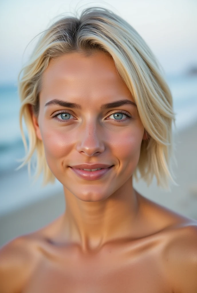 Handsome teenager kneeling,Hold head with hands,White skin,Hair color white,slim figure,Background seaside,blue eyes,???????,Lower body clothing,Smiling at the Camera