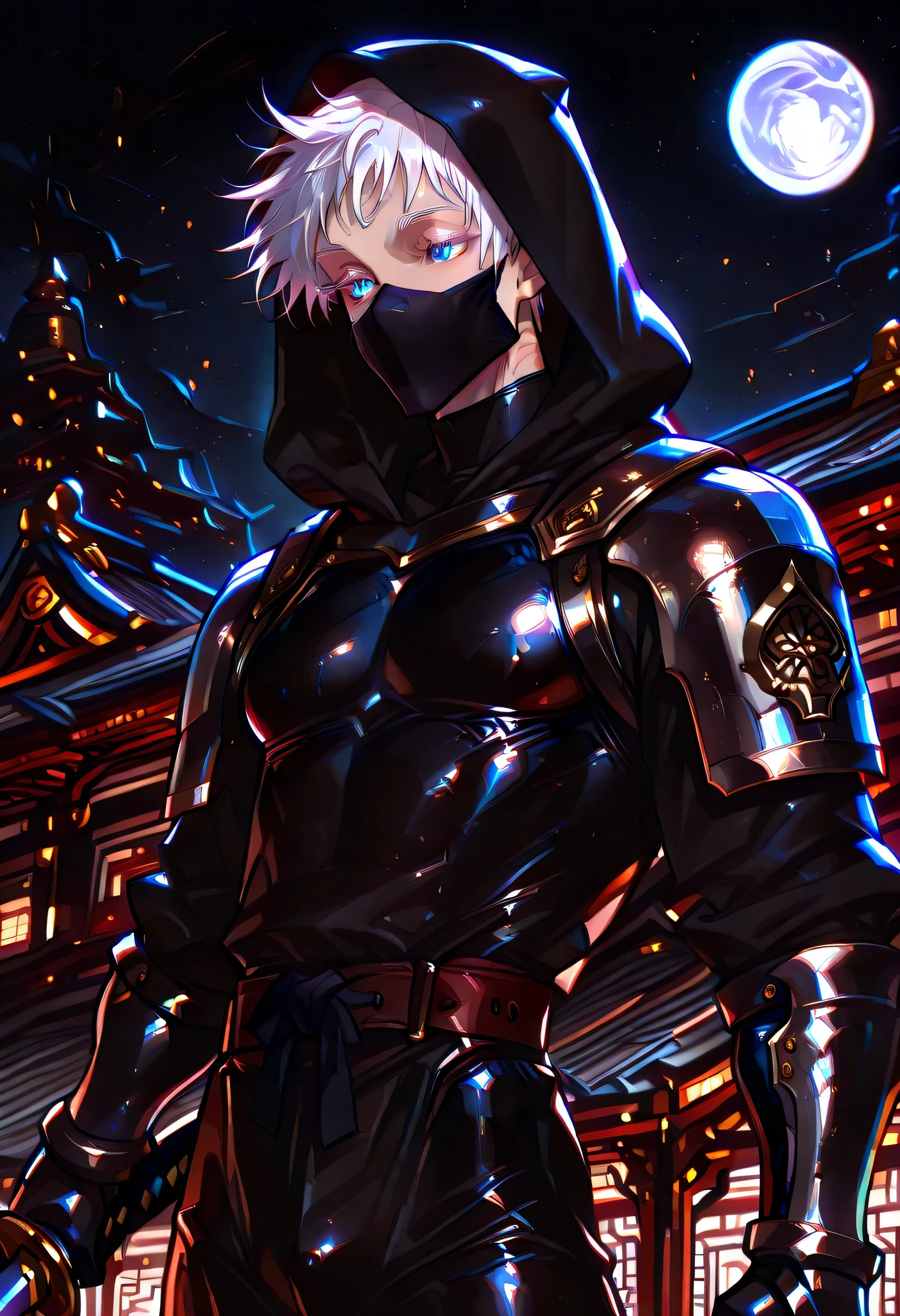 1man, gojou satoru /(jujustu kaisen/), detailed eyes, blue eyes, white hair, short hair, detailed eyelashes, colored eyelashes, sexy man, trained body, muscular, handsome, cool, mature man
 scar on right eye, moon, dark sky, standing on a rooftop, temple rooftop, temple complex in the background , (((masterpiece))), (((best quality))), (((ultra detailed))), samurai, holding katana, dynamic pose, fighting,  flat color, dark them, ninja outfit, ninja mask, solo, black vest, shoulder armor, gauntlets, black hood, armored gloves, elbow gloves, bodysuit, mask, ninja, mouth mask, hood up, belt, gloves, upper_body, night