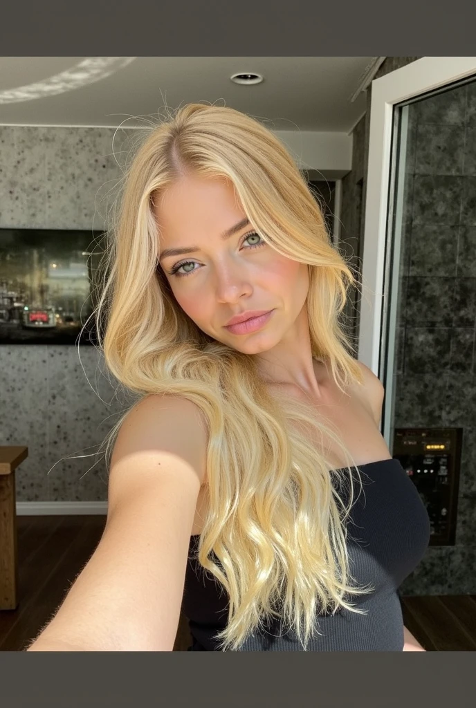 platinum blonde selfie hotel lobby