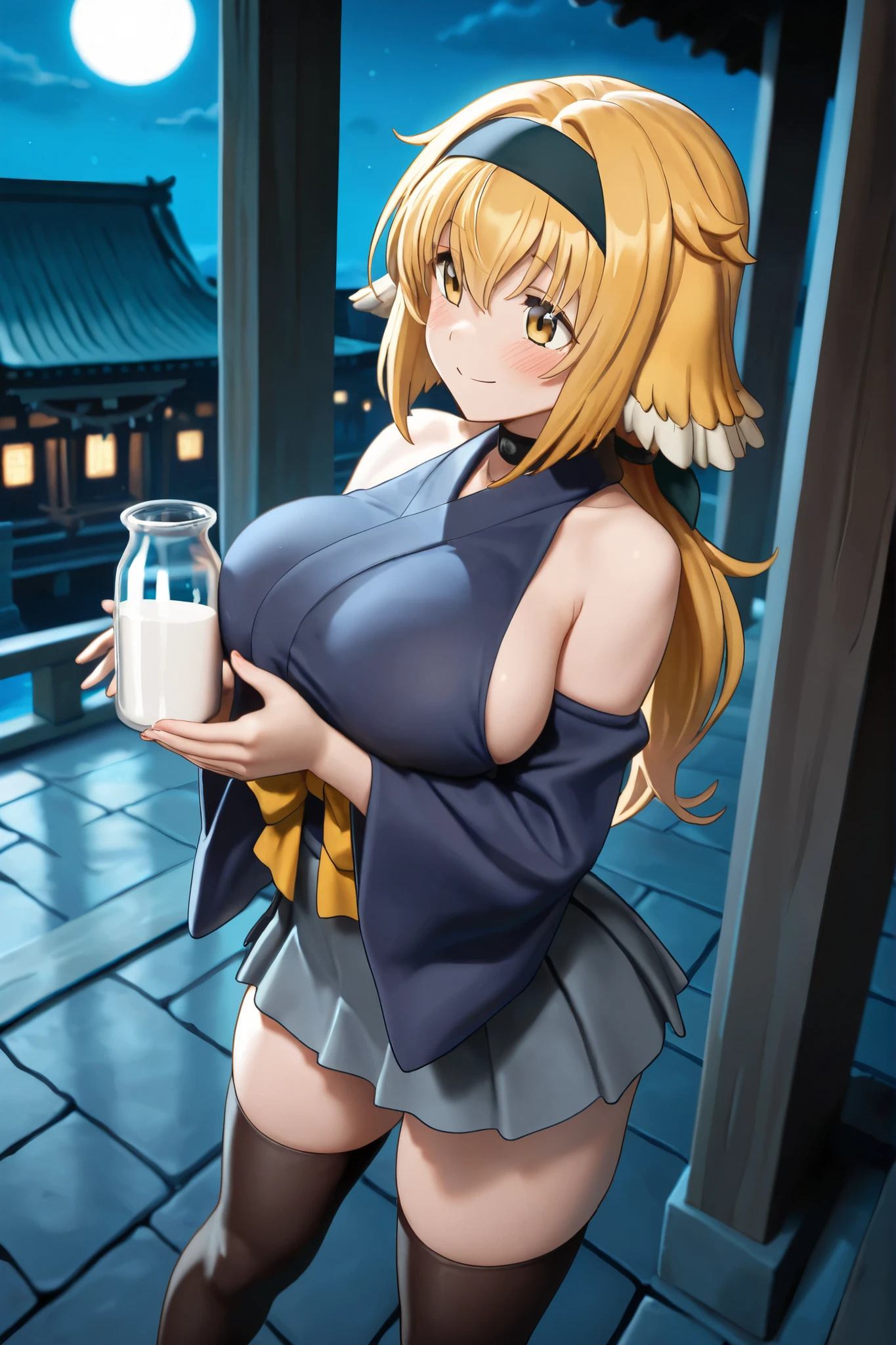 score_9, score_8_up, score_7_up, BREAK, source_anime,1girl,  field, sunset, solo focus,  smile, blush, standing (from side) looking at viewer, ?????????????, ahoge, hair over one eye,  cross, hood, jewelry, cow print long sleeves and stockings, fine anime screencap_xl, anime screencap, holding a bottle with milk inside, Roxanne fluffy dog ears, dog tail, red leather choker with golden neck bell