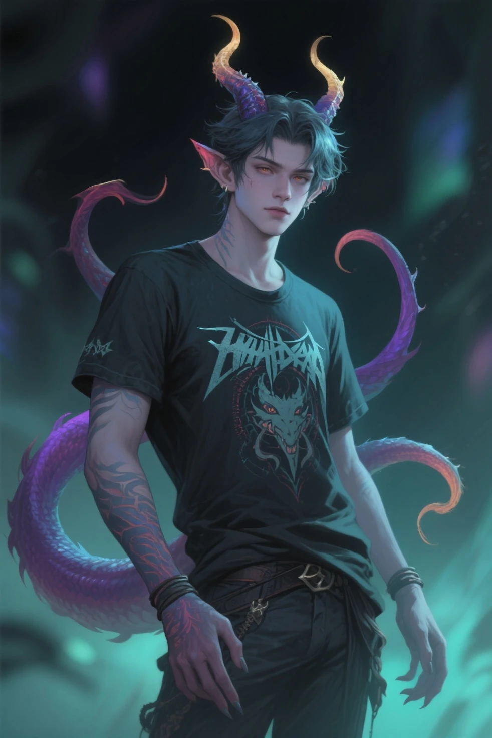 a young male with a pink and tear undercut, punk leather jacket with metal spikes, fingerless gloves, purple snake skin pants, cowboy boots, detailed face, detailed eyes, detailed lips, portrait, photorealistic, 8k, best quality, masterpiece, ultra-detailed, extremely detailed, physically based rendering, vivid colors, dramatic lighting, solo, alone, (SOLO)(ALONE)