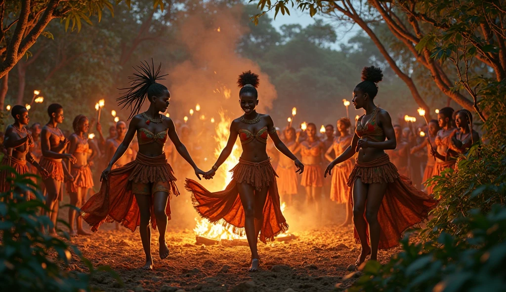 African masai women dancing around a camp fire in an African village, night time with the fire lighting the scene, with iridescent light, cinematic lighting, artgerm style, ultra HD, unreal engine rendered, photorealistic art, artgerm style, highly detailed images, high quality resolution, well formed features,